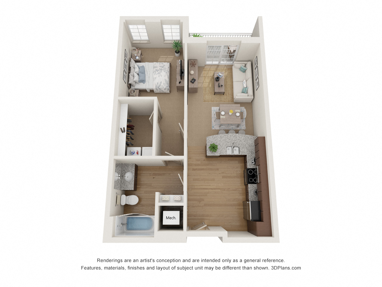 Floor plan for 1 bed, 1 bath, 760 sqft
